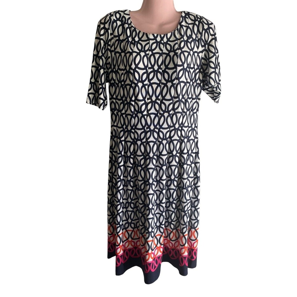 Shelby & Palmer Dress Womens Medium Blue Geometric Border Hem Knee Length Shift